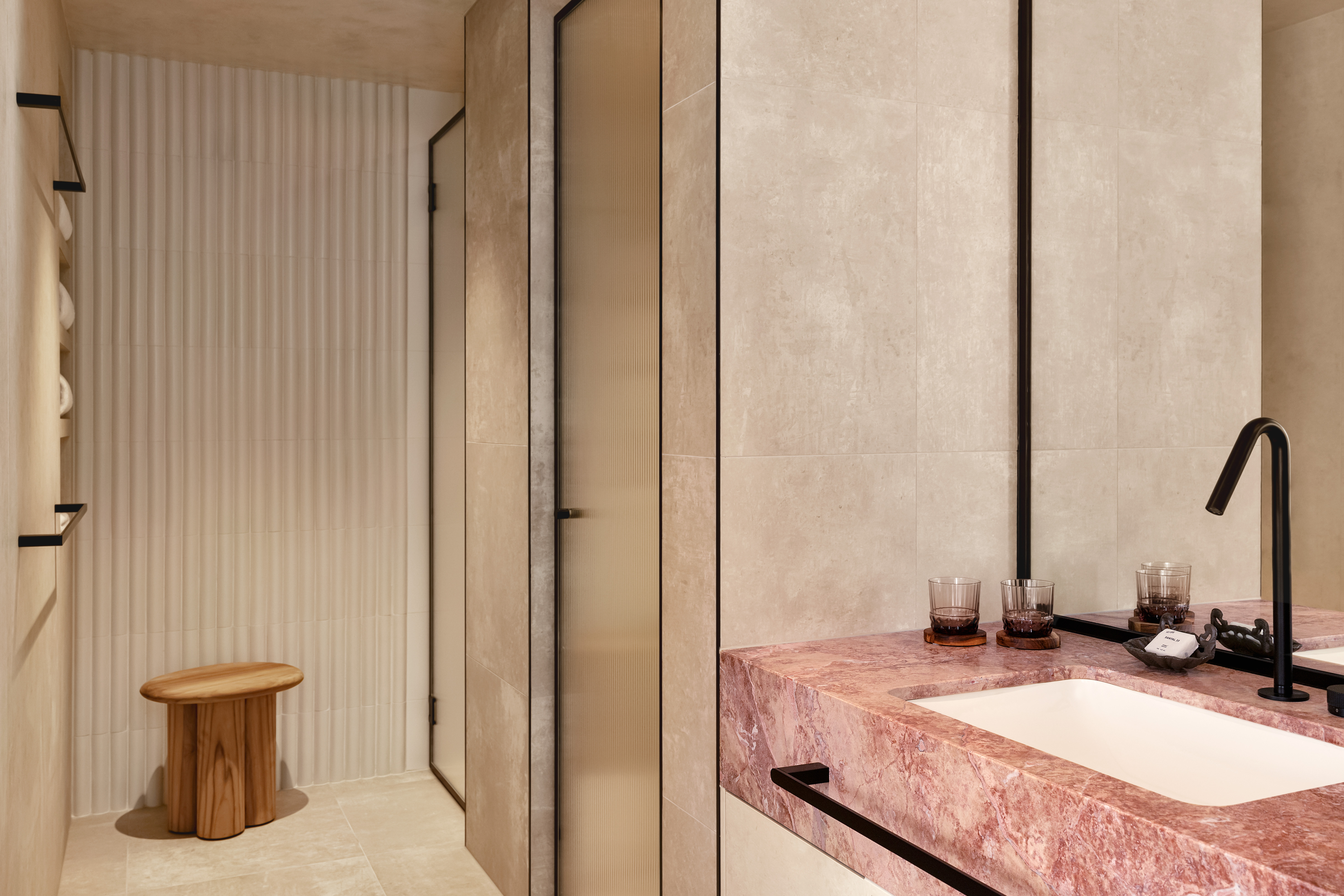 Bathroom detail with blush stone vanity